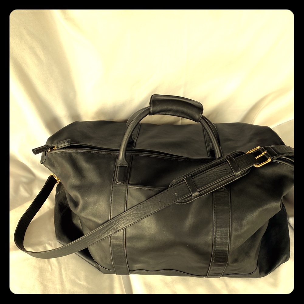 Coach Black Leather Duffle Bag With Gold Accents